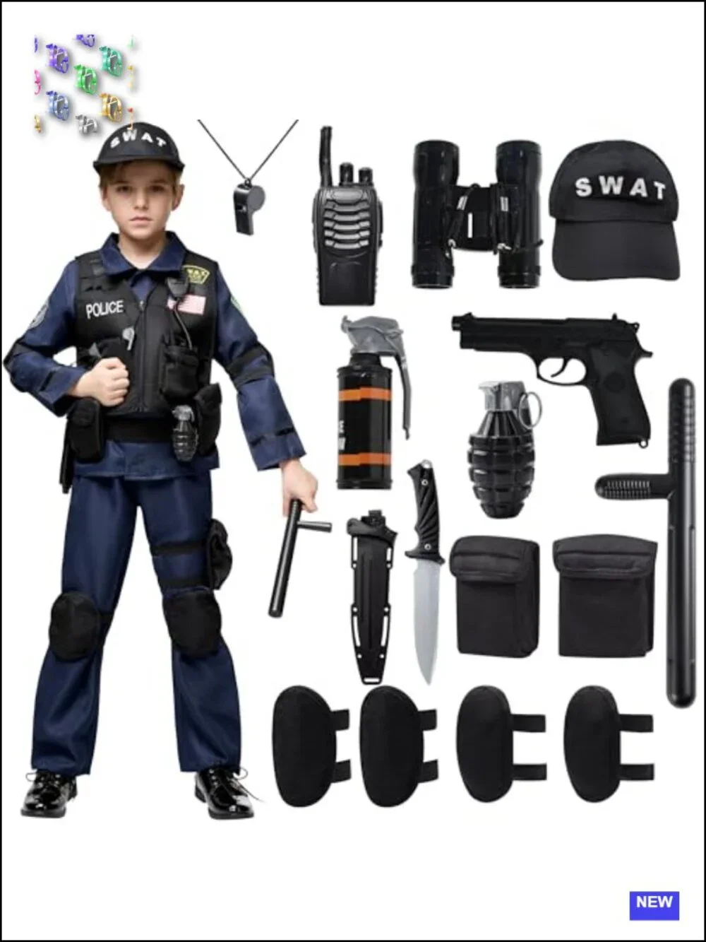 Kids SWAT Police Officer Costume Role Play Vest Shirt Pants Cap Accessories